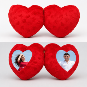 Red double heart pillow with custom photo printing for couples, made from soft plush fabric and personalized with two photographs.
