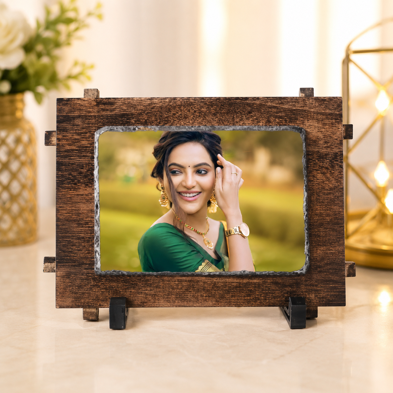 Rock Stone Frame with Wooden Stand Personalized Natural Slate Photo Frame