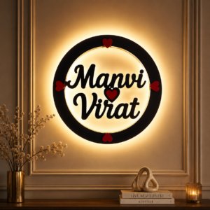 Round LED Name Frame 11x11 Inch Personalized Couple Name MDF Wall Decor with Warm Backlit LED