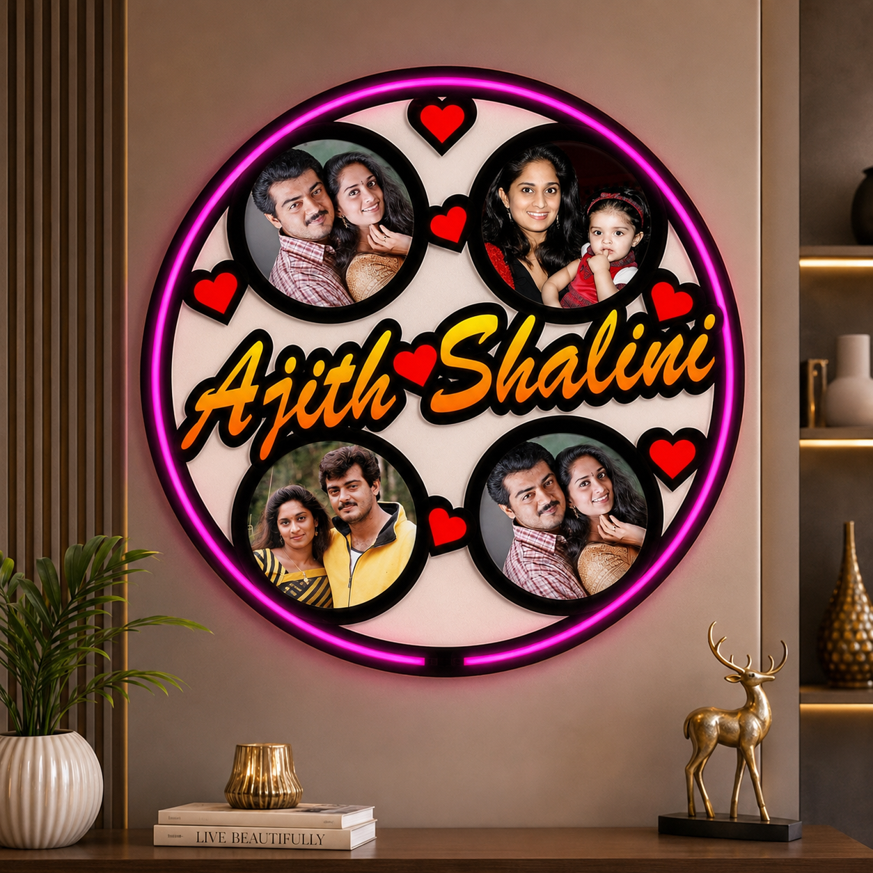 Round Neon LED MDF Frame 16x16 Inch Personalized Photo Frame with Custom Names and Neon Lighting