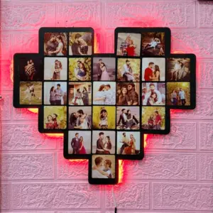 Personalized Heart LED Wall Collage with 27 photos and decorative LED lights for anniversary, birthday, wedding, and Valentine's Day gifts.