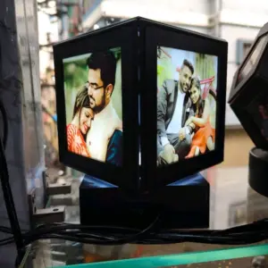 Personalized 4x4 inch square rotating lamp with custom photos and LED light, perfect for birthdays, anniversaries, weddings, and home decoration.