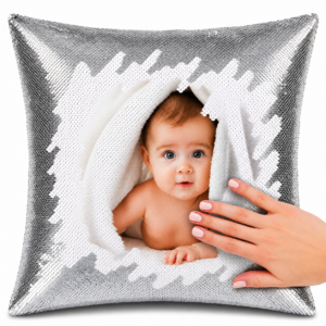 Silver Square Shaped Sequin Pillow with personalized photo printing,