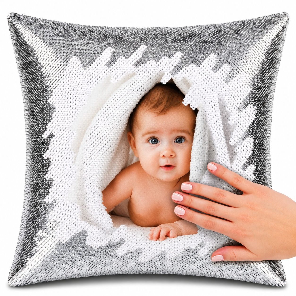 Silver Square Shaped Sequin Pillow with personalized photo printing,