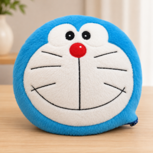 Soft Doraemon face cushion made from plush fabric for kids room decoration and gifting.