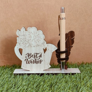Personalized Wooden Flower Pot Pen Stand with Best Wishes message wooden pen holder gift, floral theme office desk accessory, teacher appreciation gift, corporate gifting pen stand.