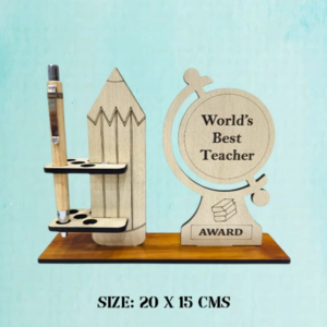 World's Best Teacher Pen Stand with pencil design and award theme