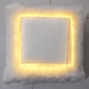Yellow LED photo pillow with custom photo printing, warm glowing yellow light border, soft furry fabric, and personalized cushion design for gifting and home décor.