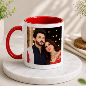 Personalized 3 Tone Red Mug with photo printing, red inner coating and matching handle.