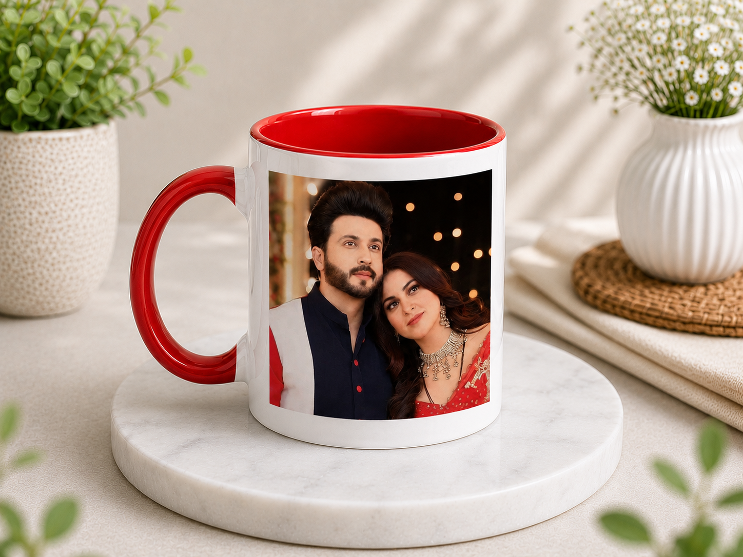 Personalized 3 Tone Red Mug with photo printing, red inner coating and matching handle.