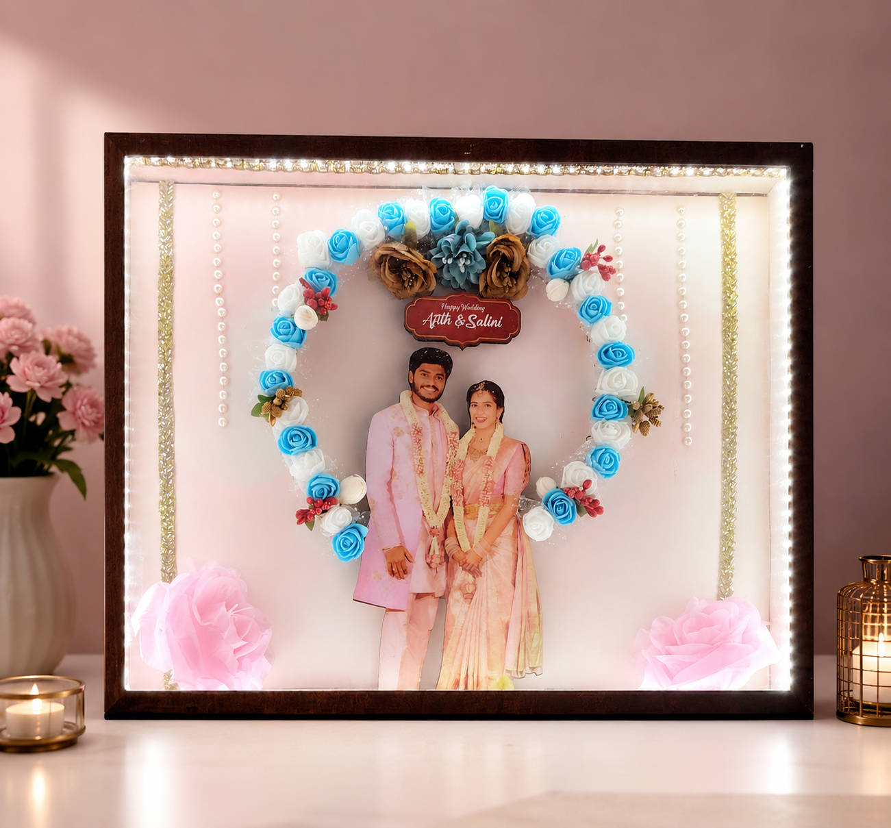 12x15 Size Photo frame with floral wedding theme Couple Photo Miniature LED BOX
