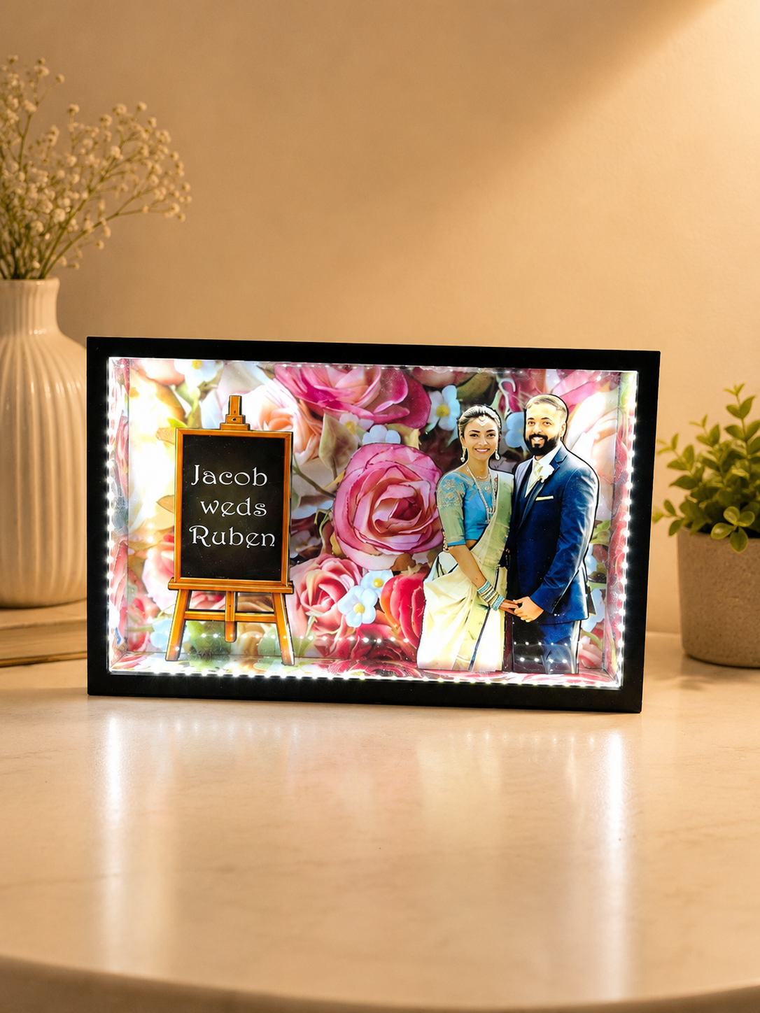 Customized A4 couple photo frame with LED light and floral theme