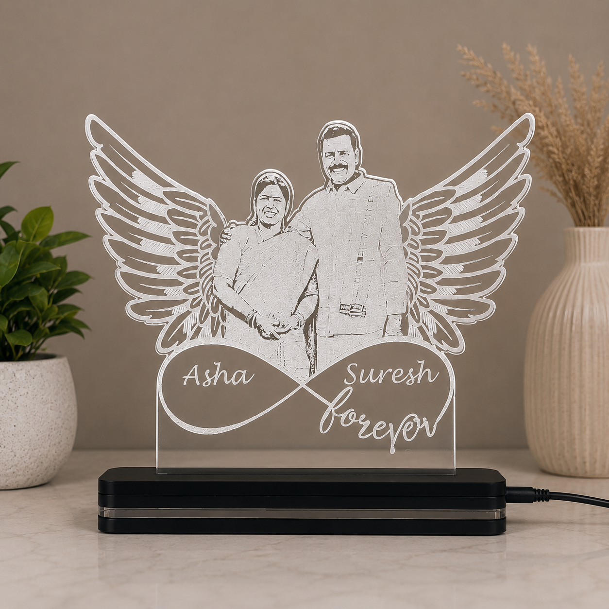 Feather Design Photo Engraved Clear Acrylic With LED Base - Image 3