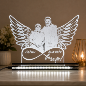 Feather design photo engraved clear acrylic with LED base
