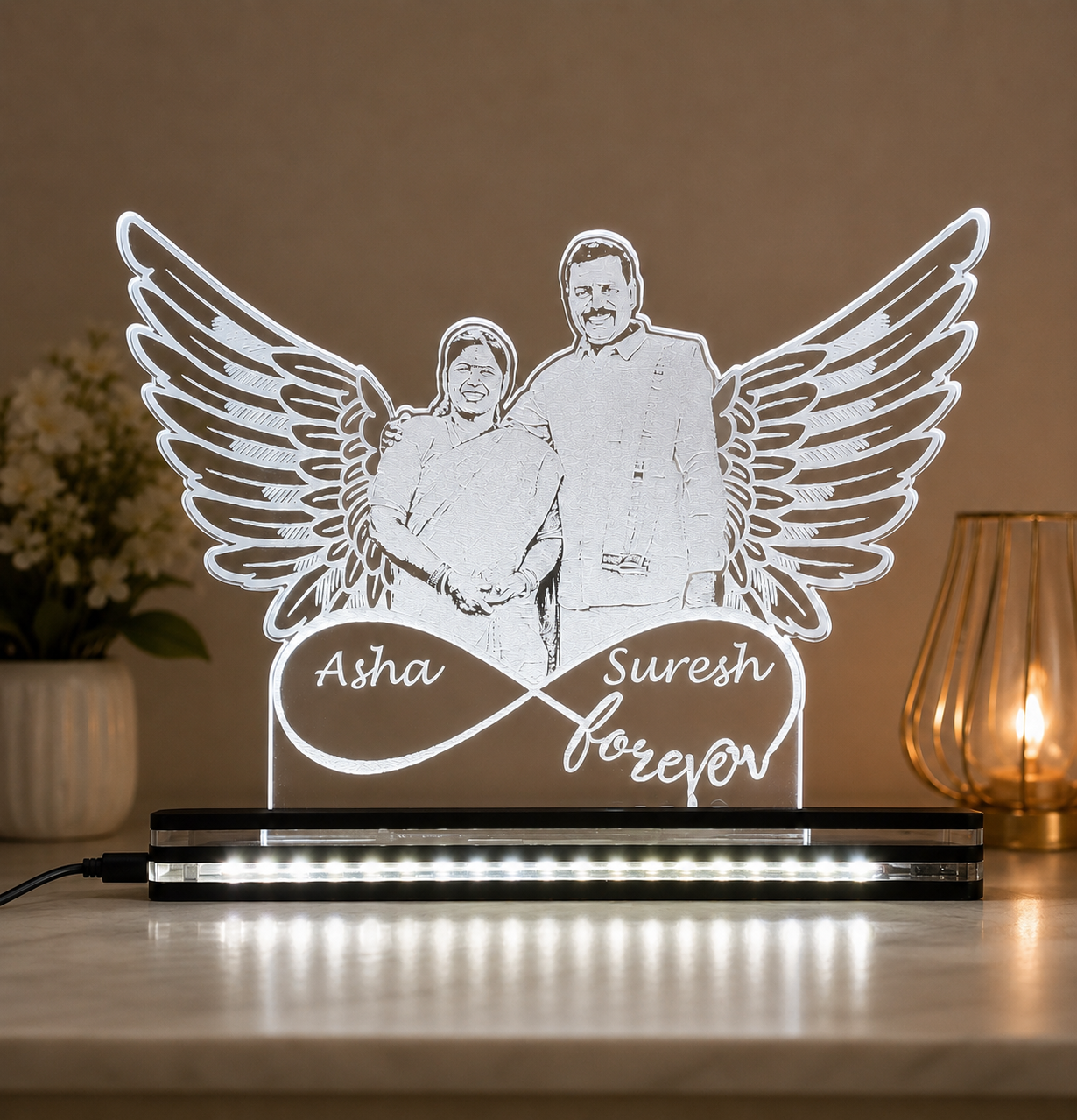 Feather design photo engraved clear acrylic with LED base