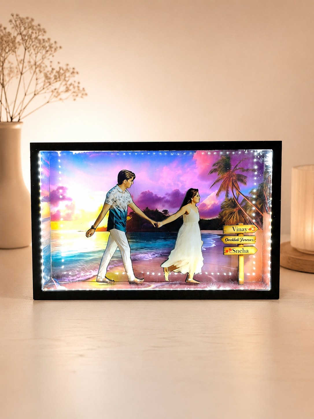Personalized couple walking on beach LED box frame