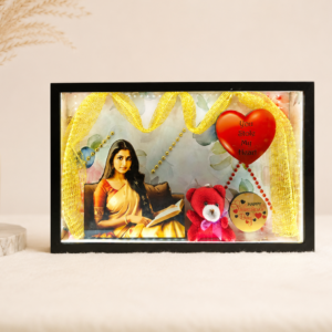 Personalized girl photo LED box frame with golden zari theme