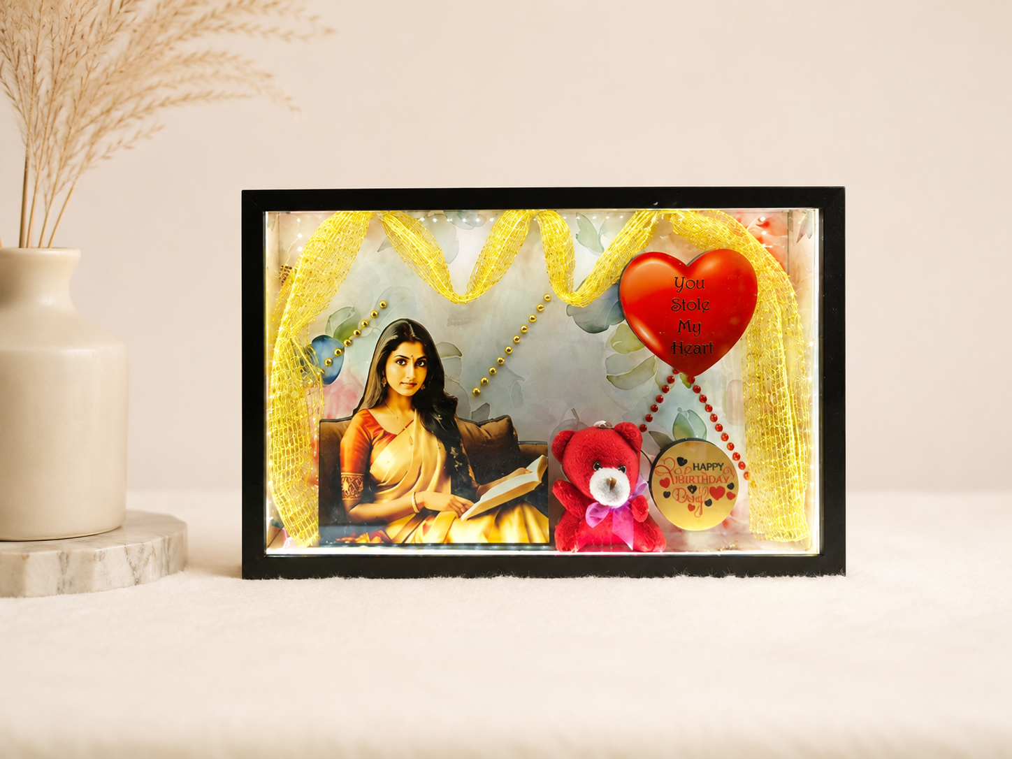 Personalized girl photo LED box frame with golden zari theme