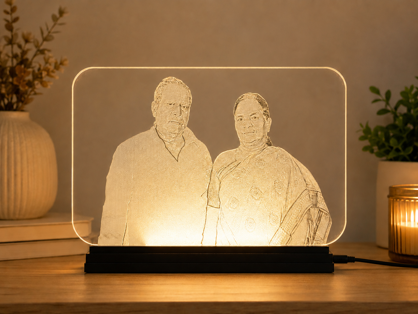 Photo engraved clear acrylic with LED base rectangle shape