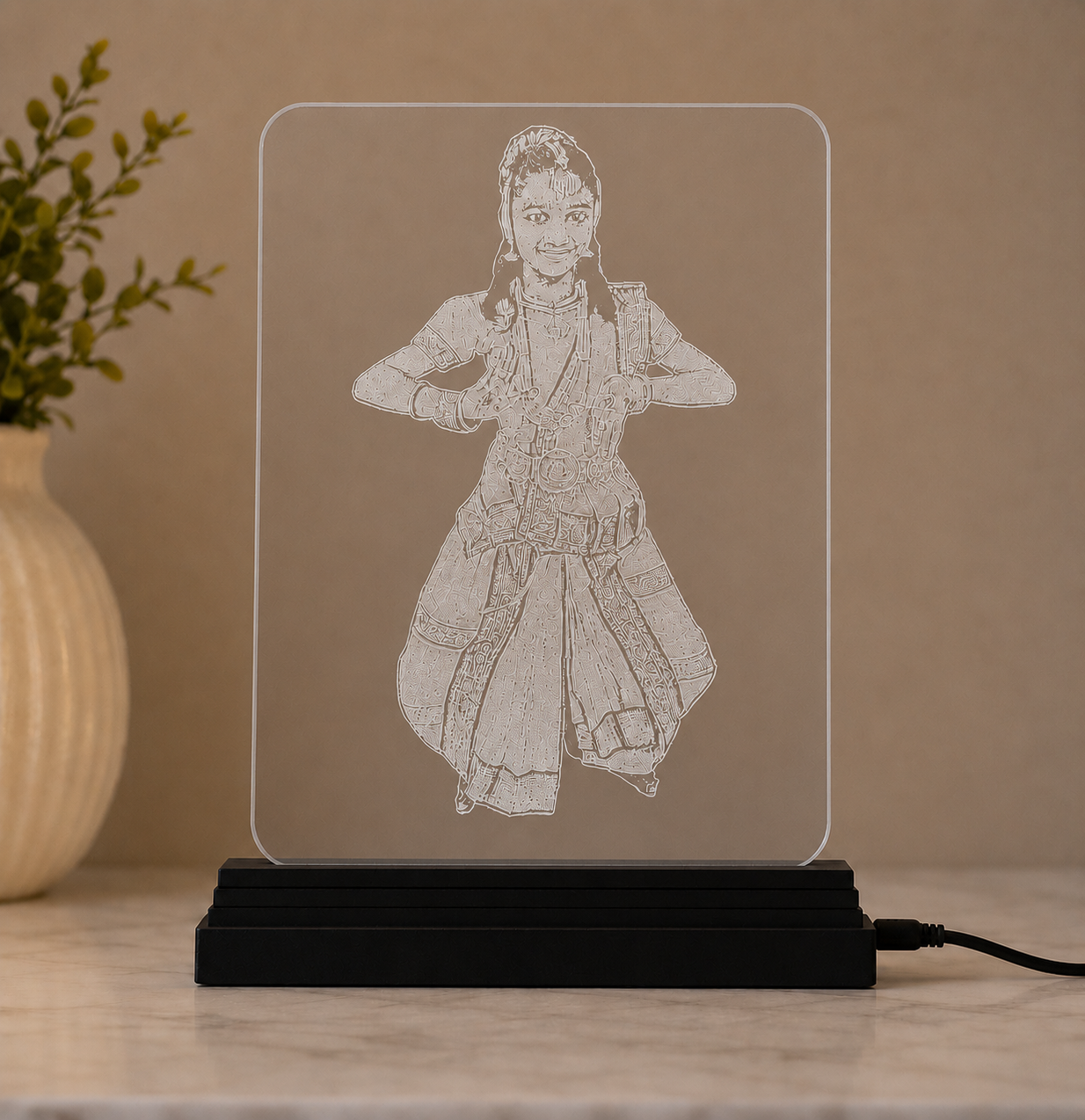 Rectangle Shape Photo Engraved Clear Acrylic With LED Base – Bharatanatyam Pose - Image 3