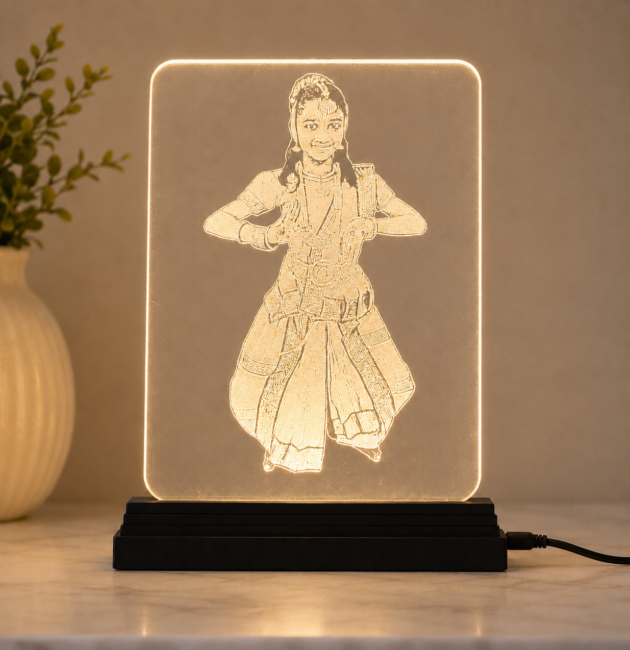 Rectangle photo engraved clear acrylic with LED base Bharatanatyam pose