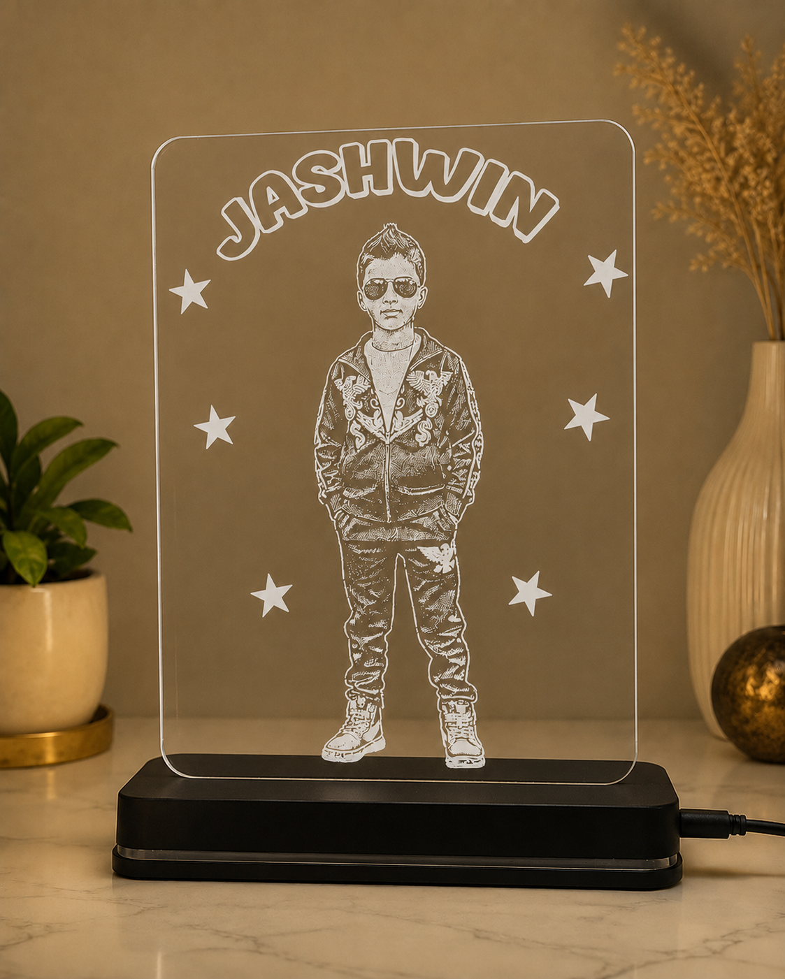 Rectangle Shape Photo Engraved Clear Acrylic With LED Base – Star Design - Image 3
