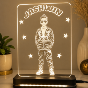 Rectangle photo engraved clear acrylic with LED base star design