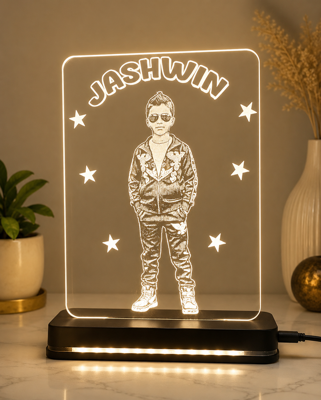 Rectangle photo engraved clear acrylic with LED base star design